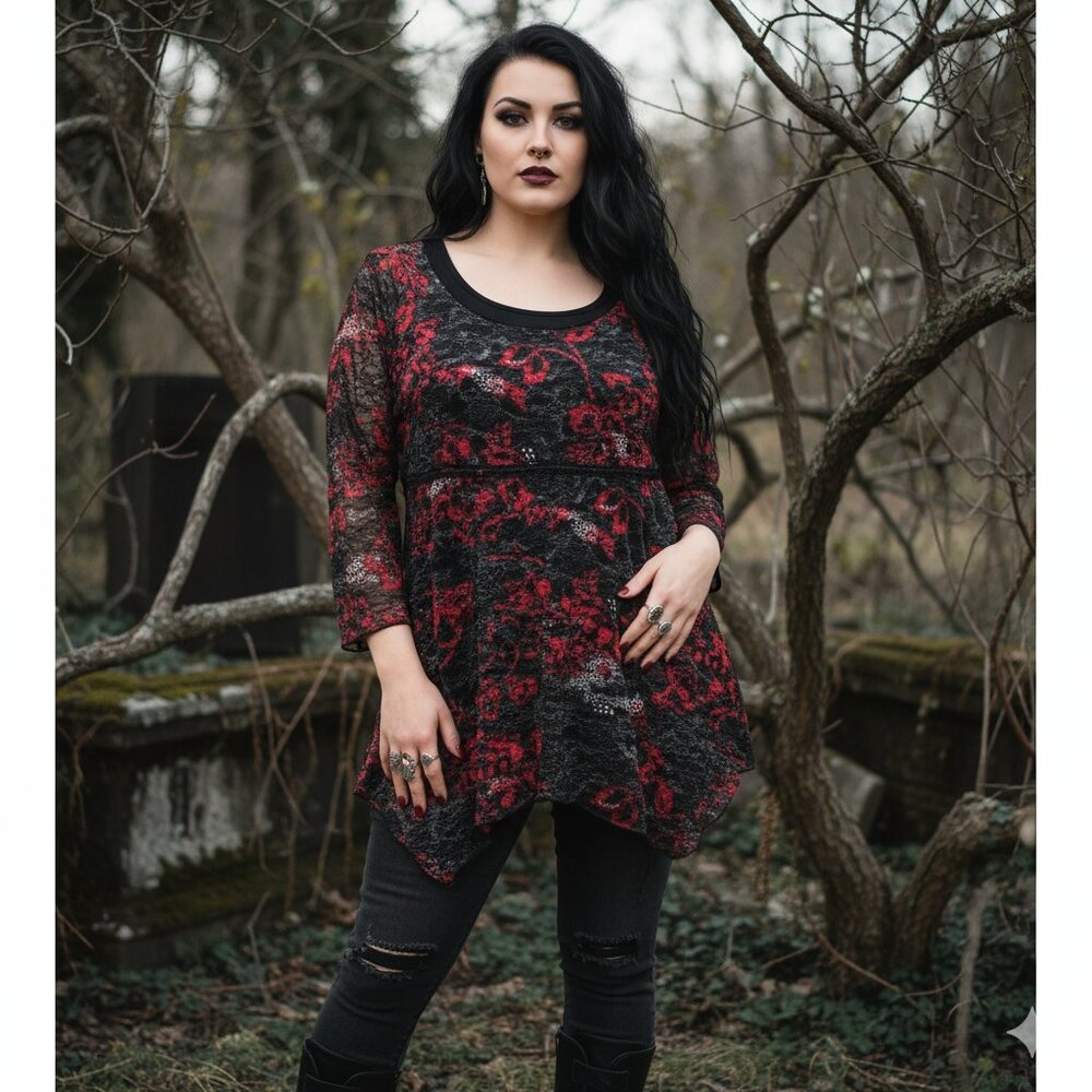 Vintage Fashion Bug Black and Red Lace Floral Tunic Top